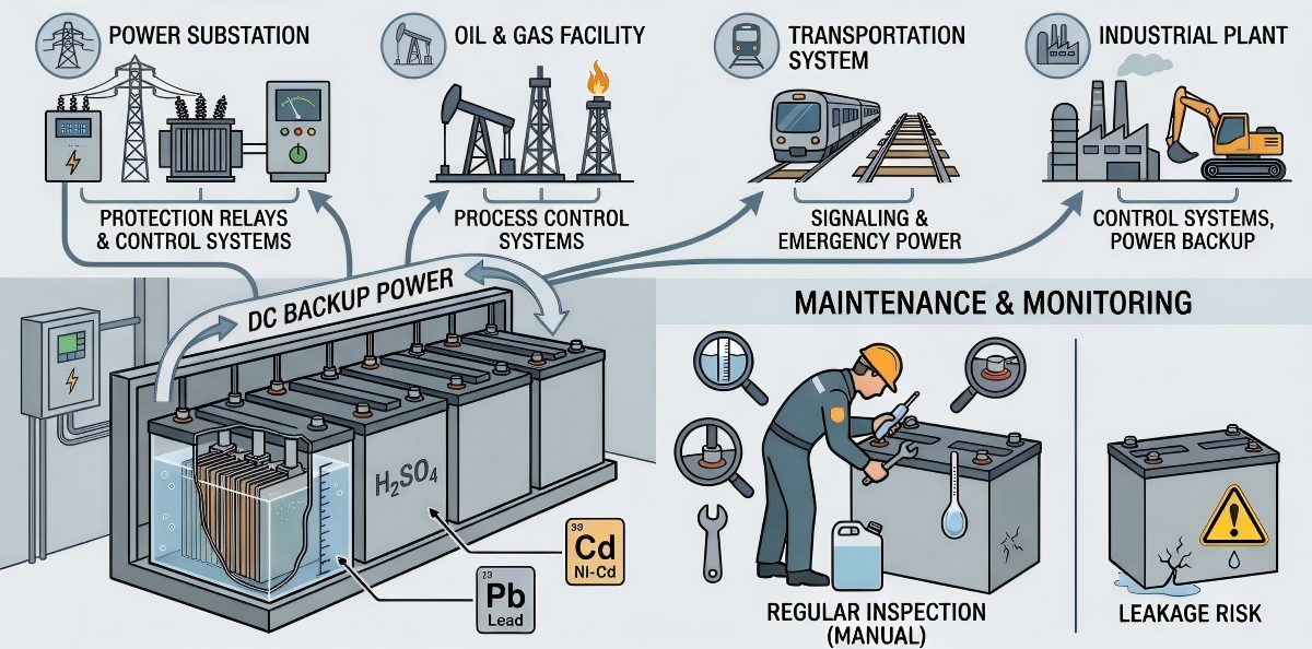 Aplikasi pemantauan baterai timbal-asam dan baterai Ni-Cd yang tergenang di gardu induk, minyak dan gas, pabrik transportasi dan industri 